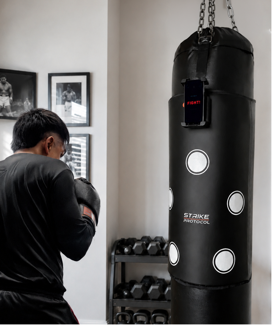 Strike Protocol mounted on a heavy bag — real setup